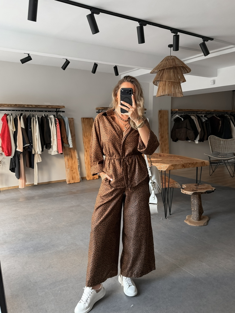 Leopar Süet Dokulu Beli Büzgü İpli Takım