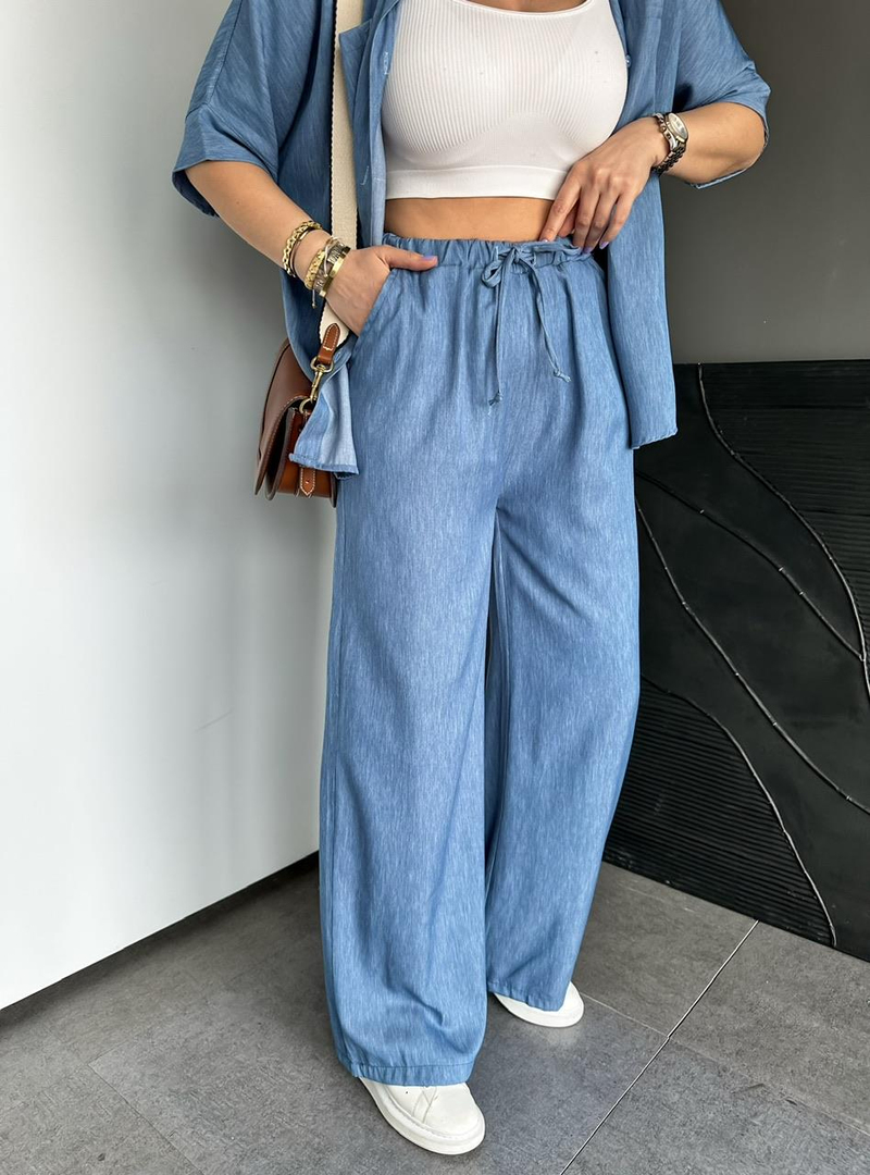 Mavi Beli İpli Bol Kesim Kot Pantolon