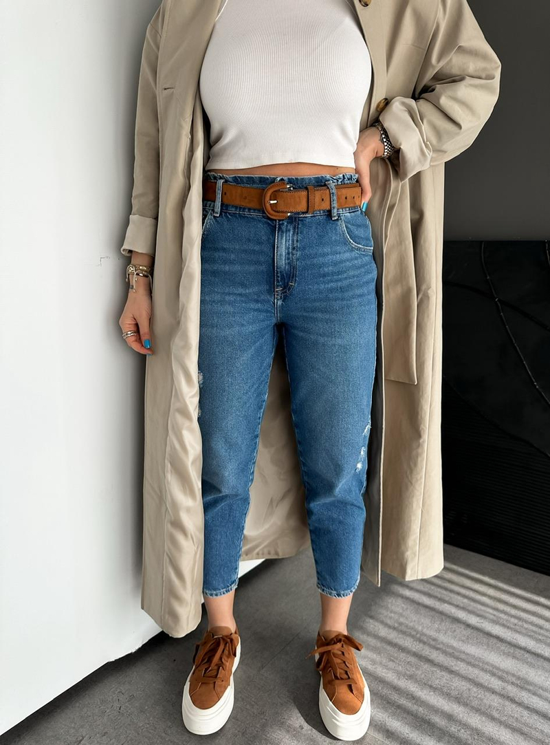 Mavi Beli Lastikli Orijinal Mom Jean