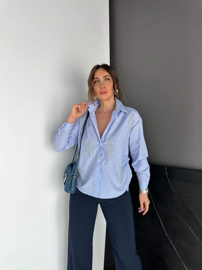 Mavi Büzülebilir Taşlı Gömlek