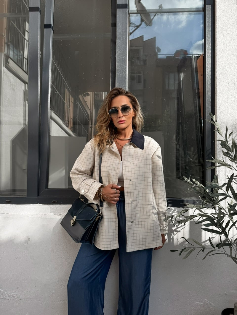 Mavi Çizgili Kareli Oversize Trençkot