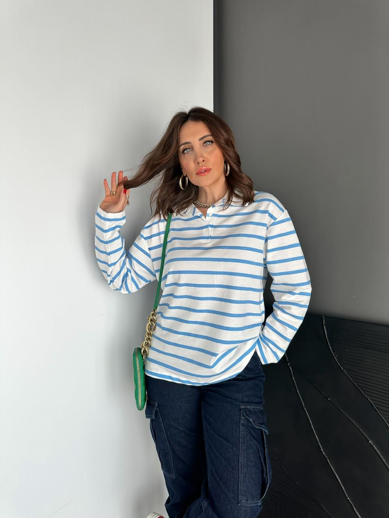 Mavi Çizgili Polo Yaka Sweatshirt