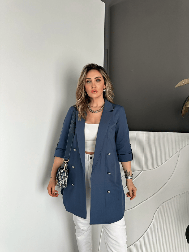 Mavi Manşetli Cotton Blazer Ceket