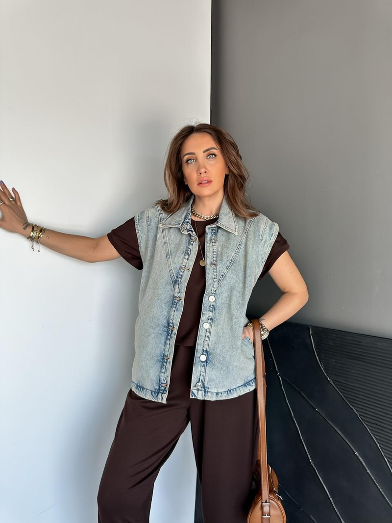 Mavi Omuz Detaylı Denim Yelek