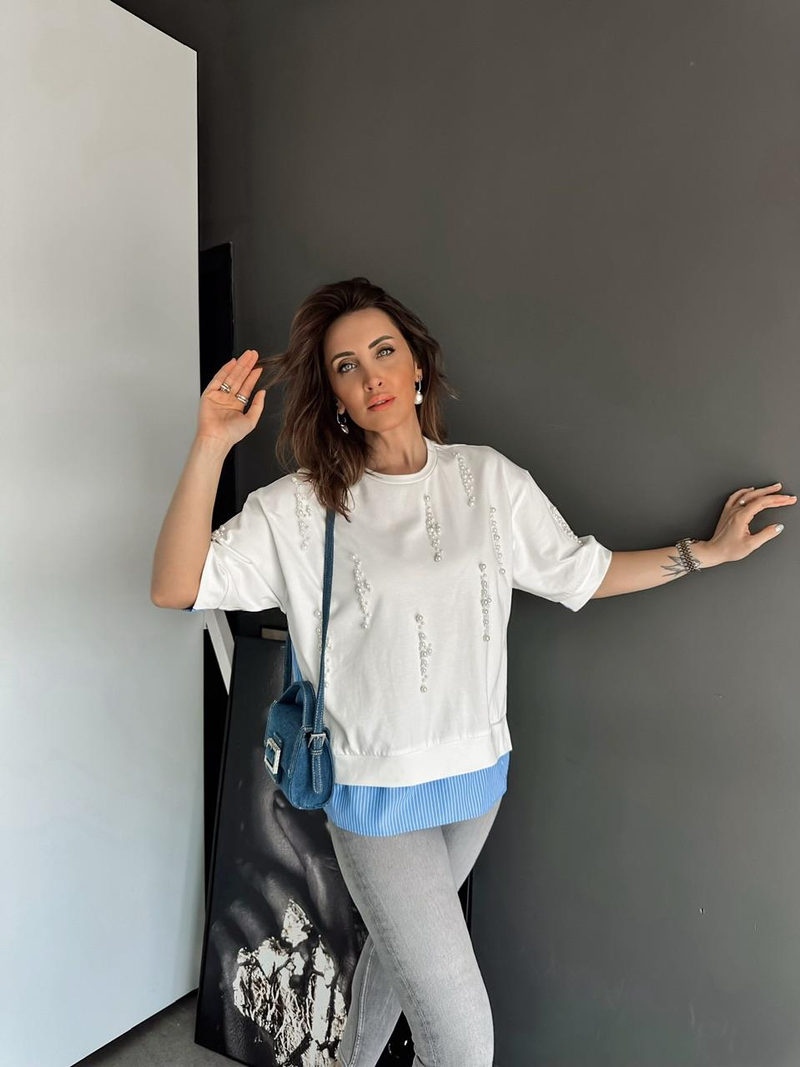 Mavi Parçalı İncili Sweatshirt