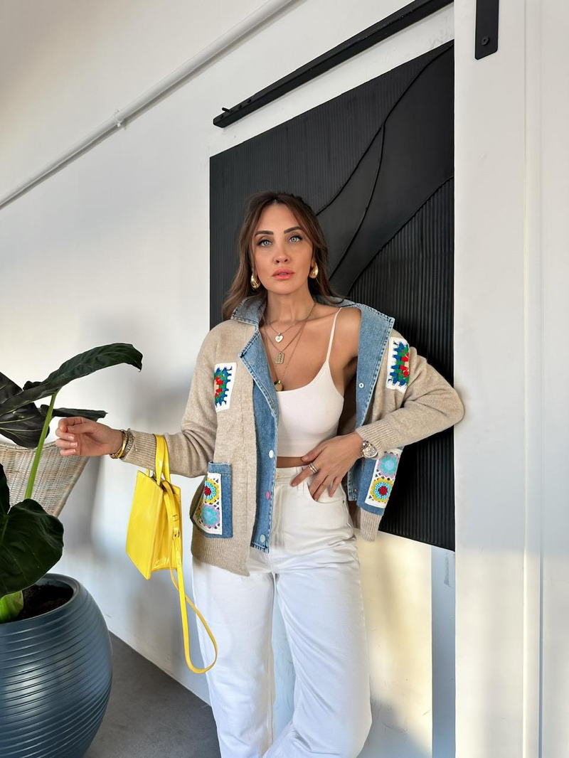 Mavi Patchwork Nakışlı Kot Detaylı Hırka