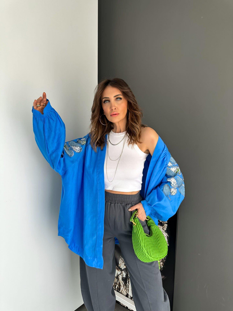 Mavi Pul ve Nakış İşlemeli Kimono