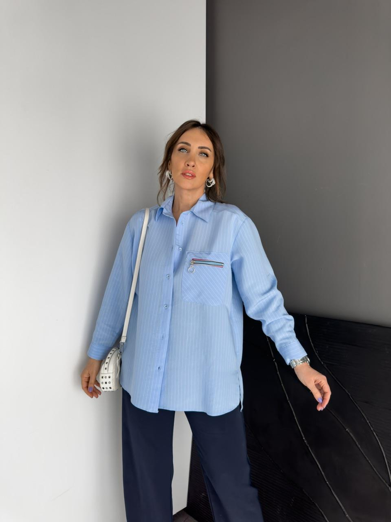 Mavi Sırtı Fermuarlı Çizgili Gömlek