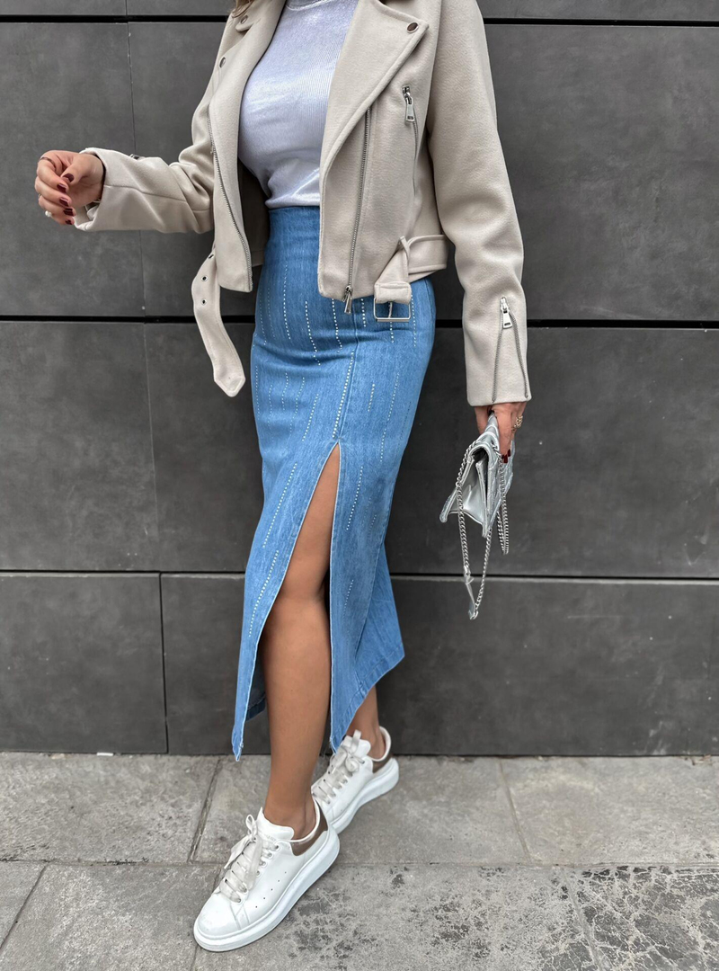 Mavi Taşlı Kot Etek