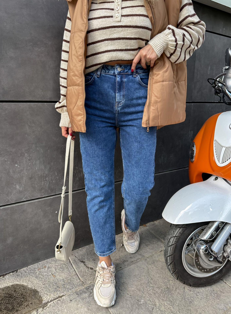 Mavi Yüksek Bel Mom Jean