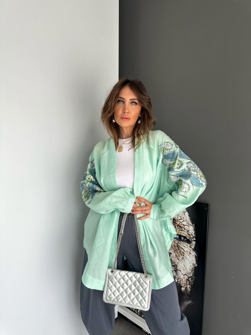 Mint Pul ve Nakış İşlemeli Kimono