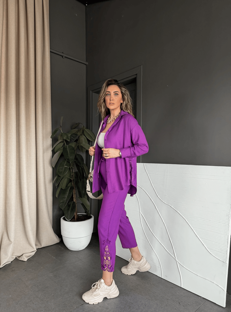 Mor Dantelli Gömlek Pantolon Takım