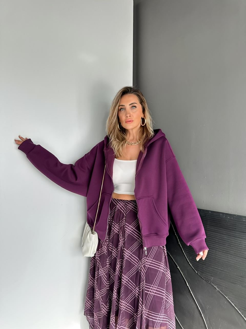 Mor Fermuarlı Şardonlu Sweatshirt