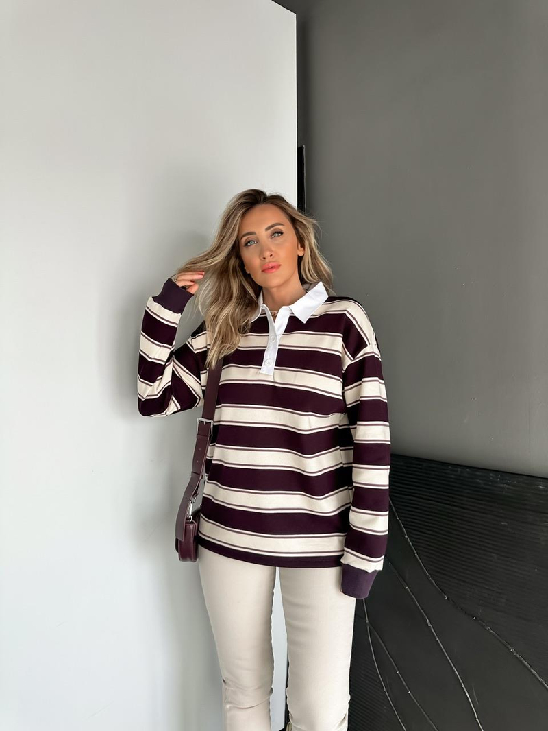 Mürdüm Çizgili Orijinal Sweatshirt