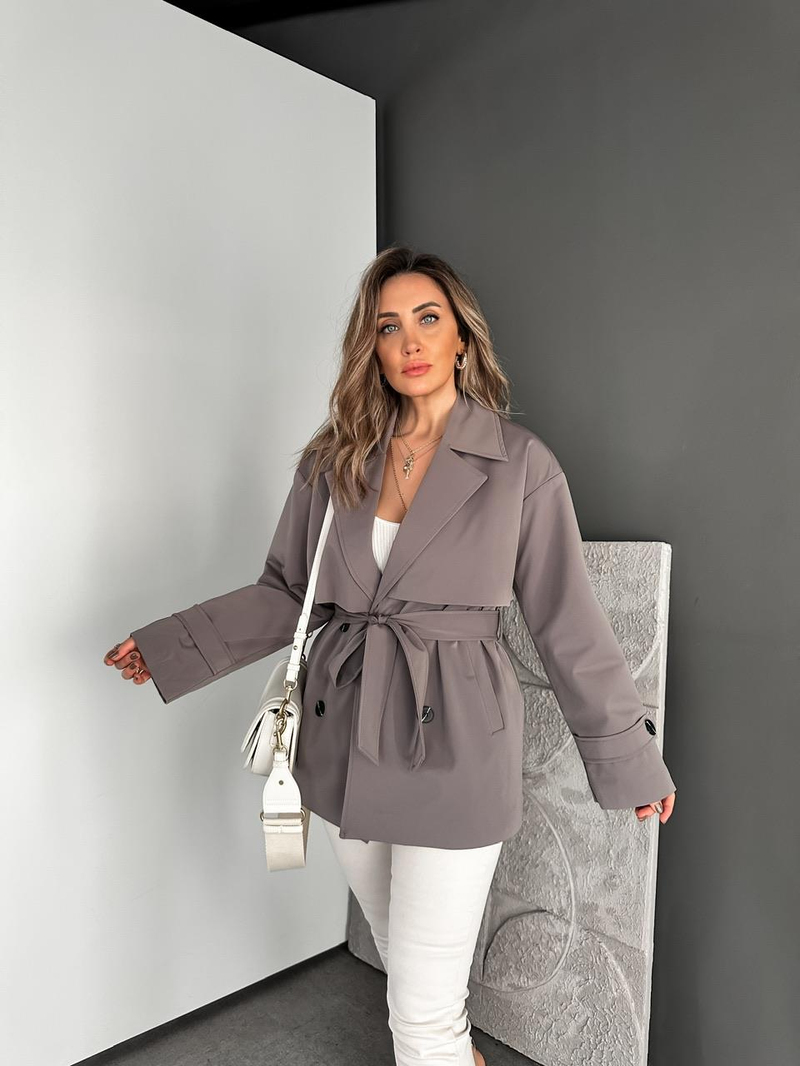 Natural Gri İçi Kürklü Su Geçirmez Trençkot