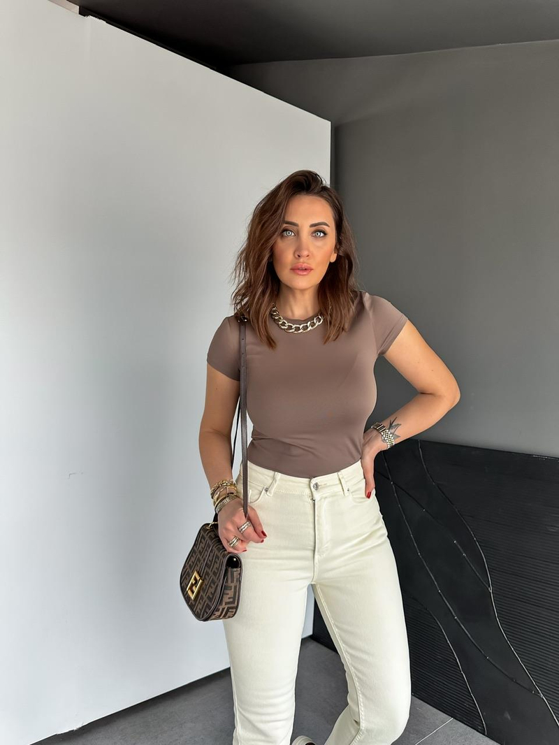 Natural Kahve Likralı Cotton Orijinal Tshirt 