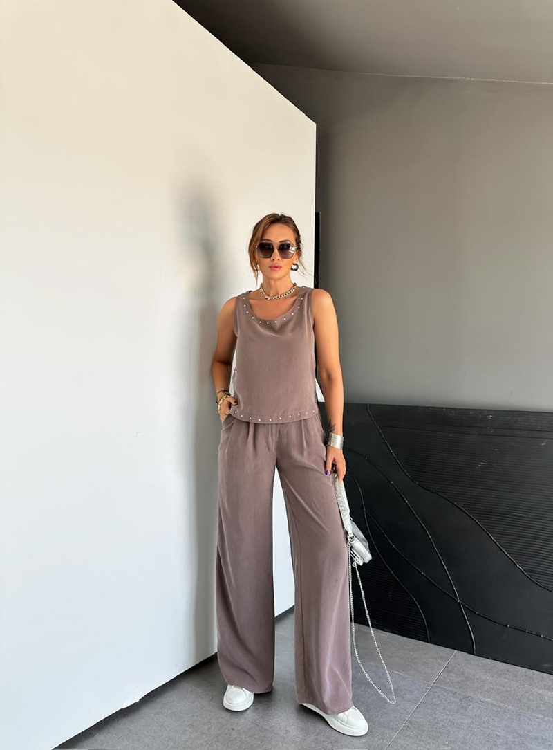 Naturel Kahve Zımbalı Bluz Pantolon Takım