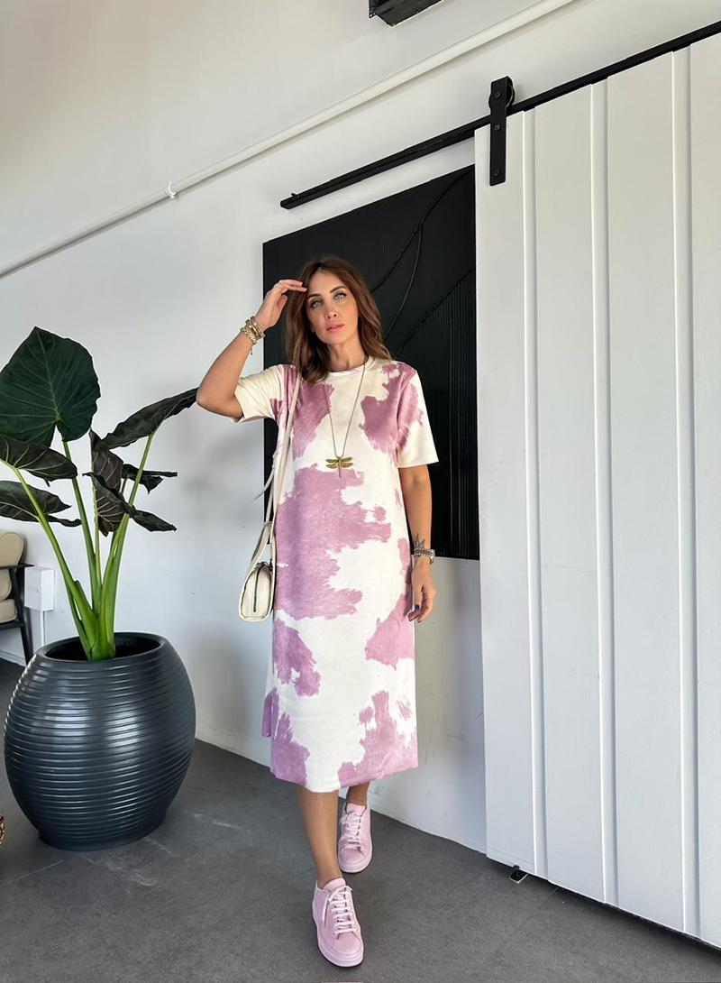Naturel Pembe Batik Desen Süet Elbise