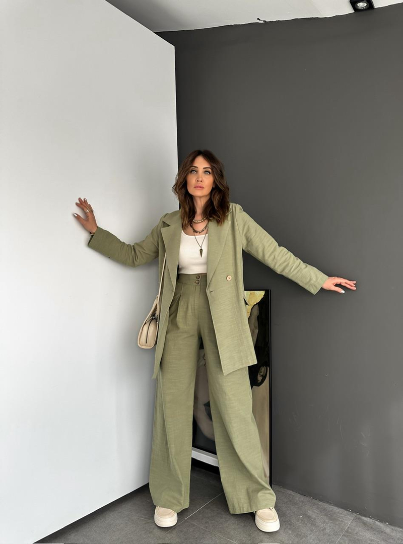 Naturel Yeşil Ceket Pantolon Keten Şık Takım