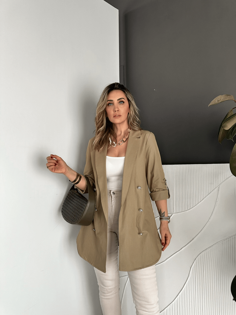 Naturel Yeşil Manşetli Cotton Blazer Ceket