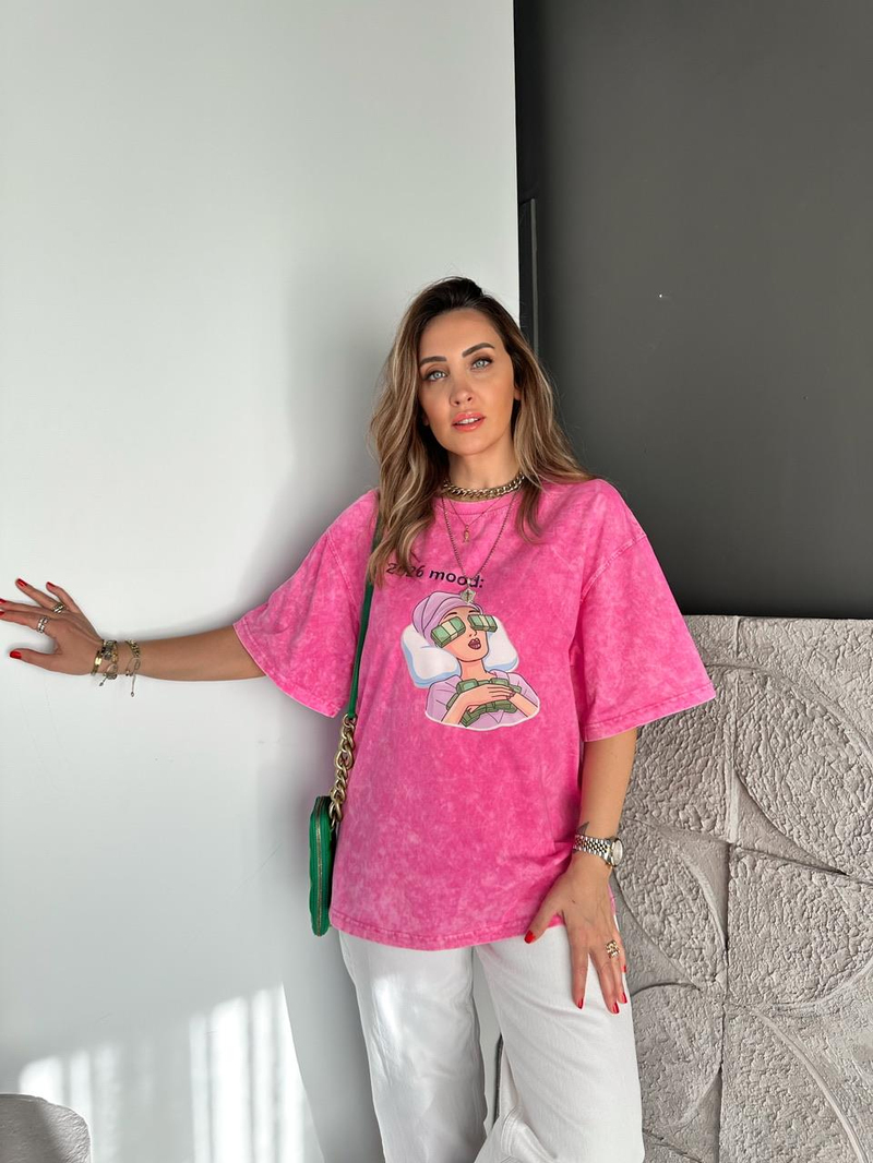 Pembe 2026 Mood Yıkamalı Tshirt