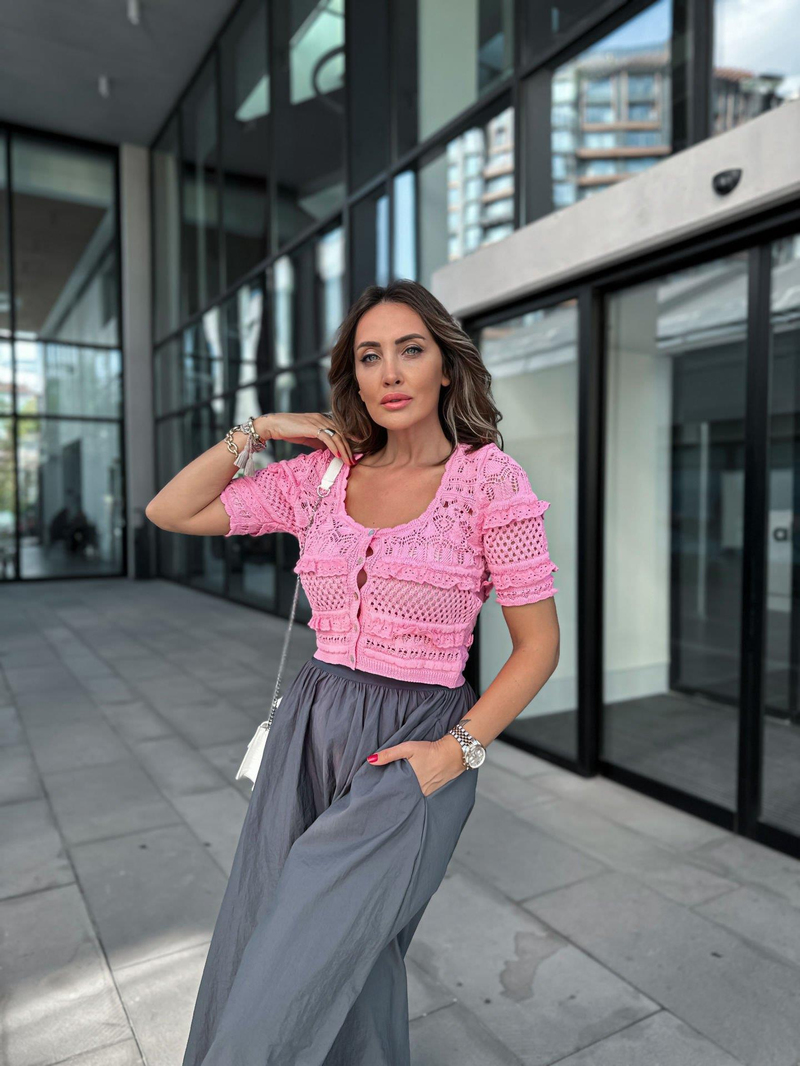 Pembe Ajurlu Kısa Kollu Hırka