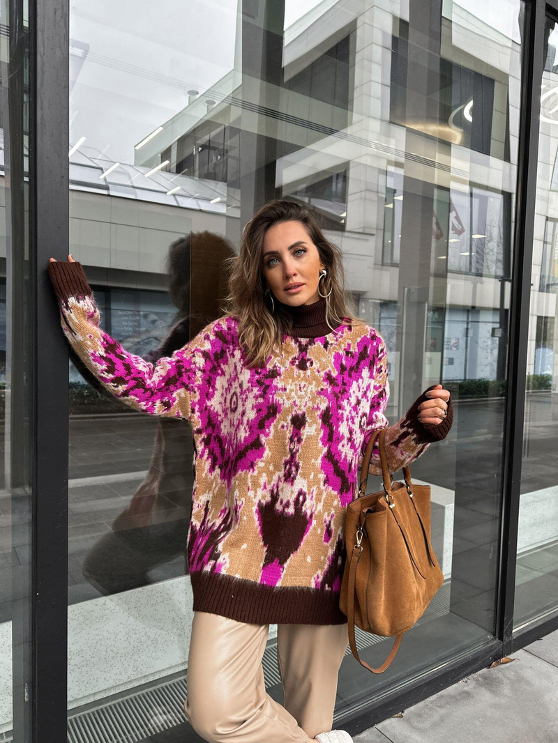 Pembe Batik Desen Balıkçı Yaka Kazak