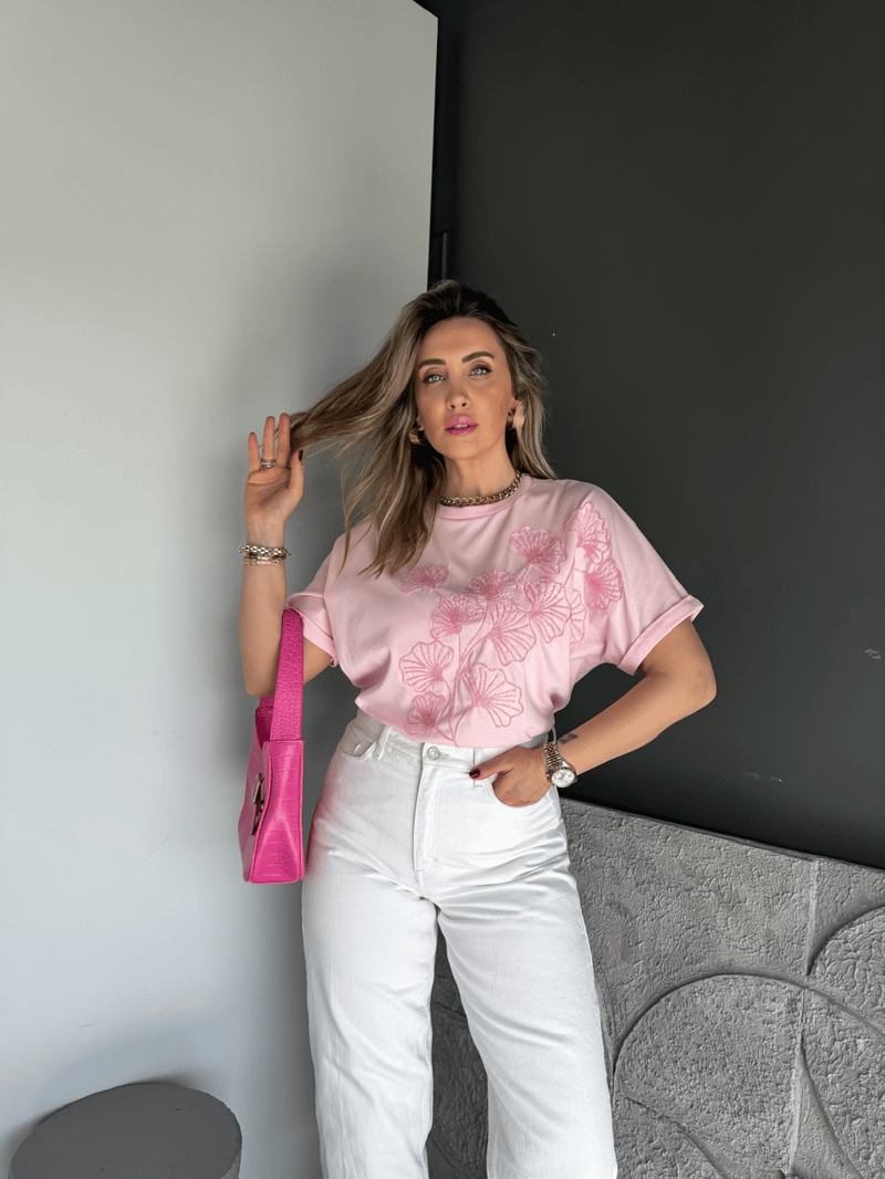 Pembe Boncuk İşlemeli Cotton Tshirt