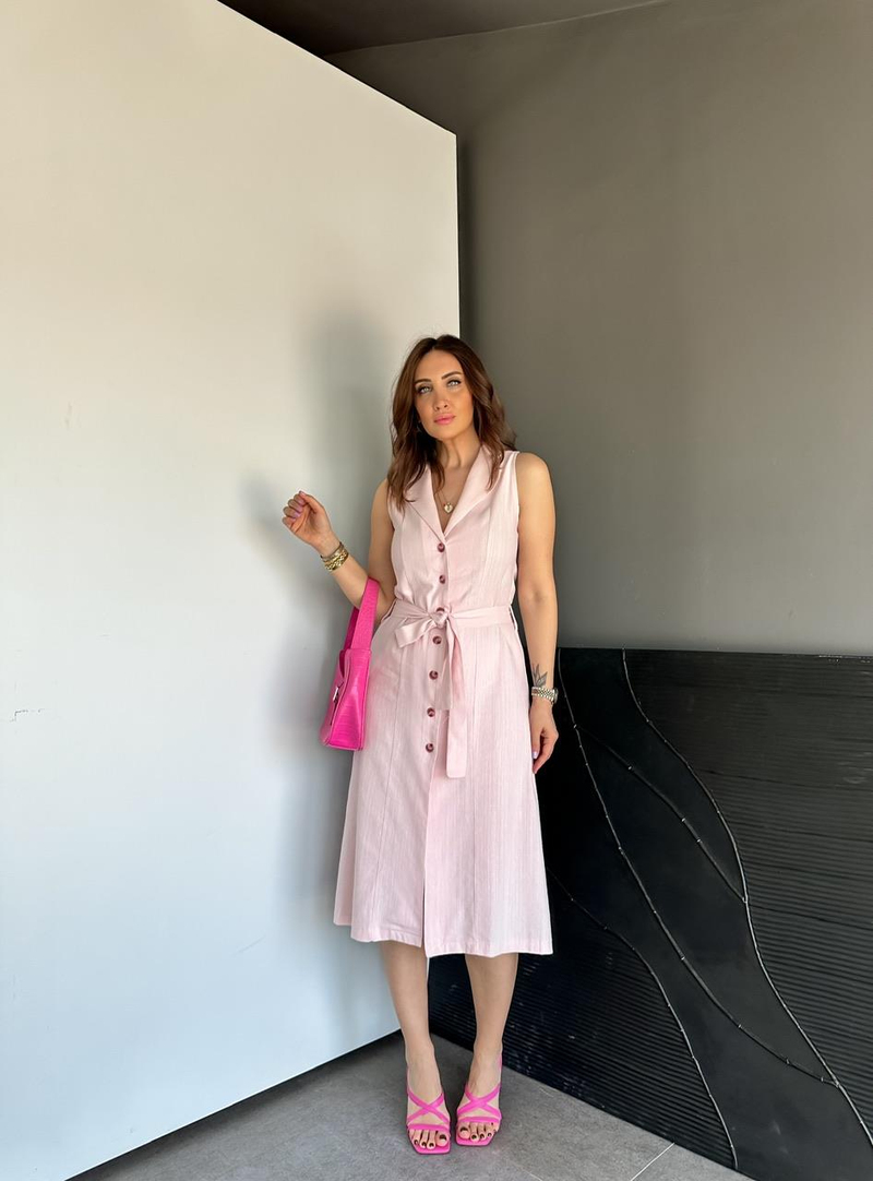 Pembe Ceket Yaka Düğmeli Keten Elbise