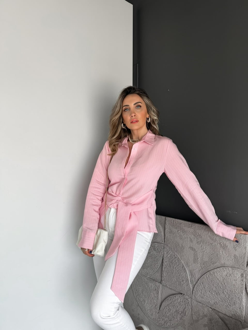 Pembe Çizgili Bağlamalı Tasarım Gömlek