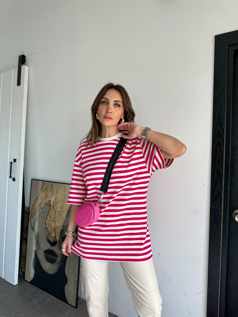 Pembe Çizgili Cotton Tshirt