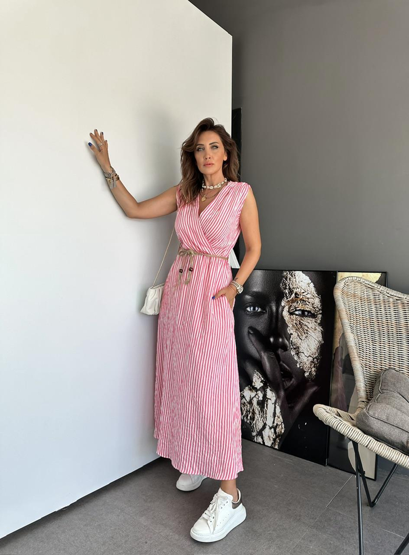 Pembe Çizgili Kruvaze Yaka Elbise