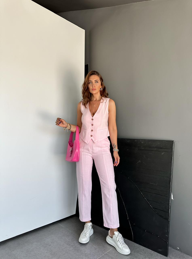 Pembe Dört Düğme Yelekli Keten Takım