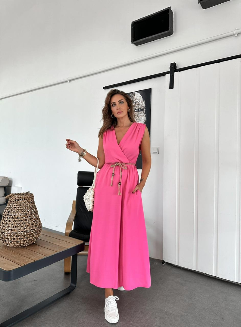 Pembe Halat Kemerli Kruvaze Elbise