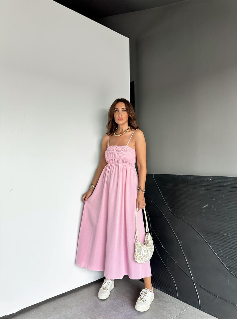 Pembe İp Askılı Gipeli Keten Elbise