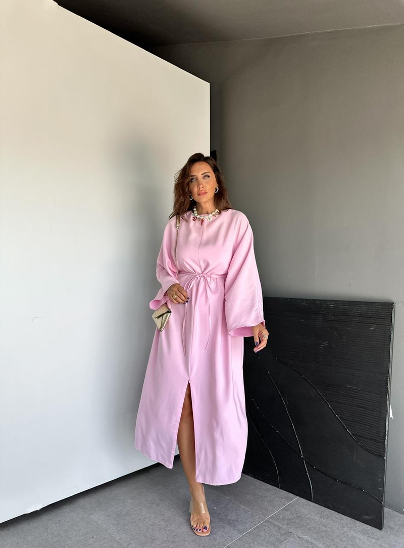 Pembe İpli Yırtmaçlı Fermuarlı Elbise