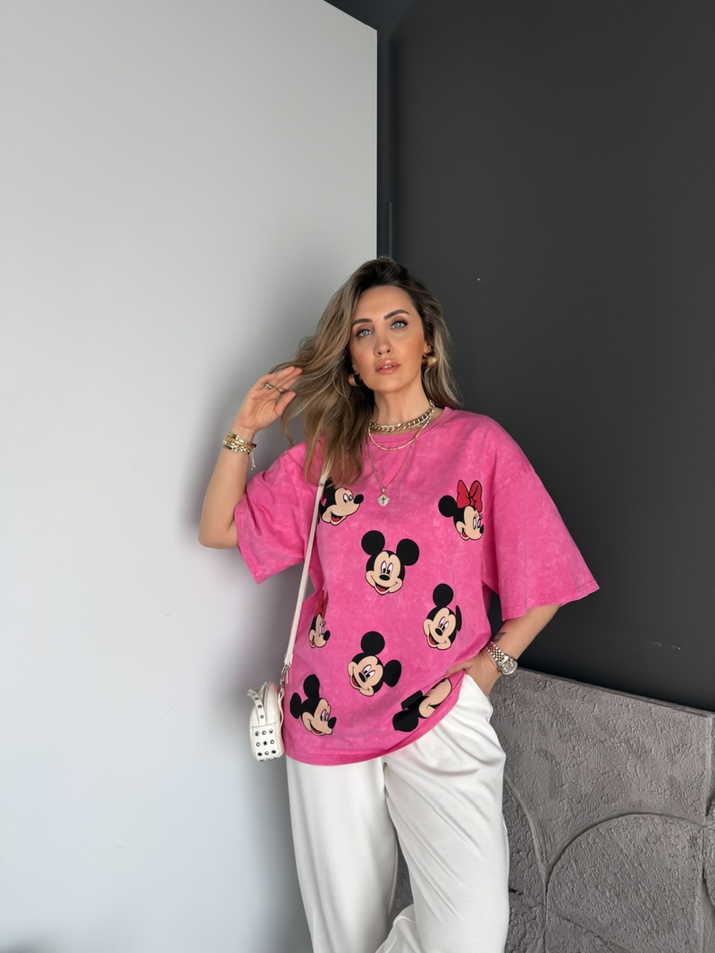 Pembe Mickey Ve Minnie Baskılı Tshirt