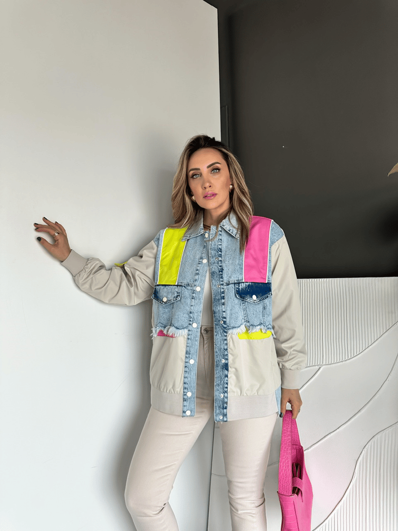 Pembe Neon Blok Renkli Kot Ceket