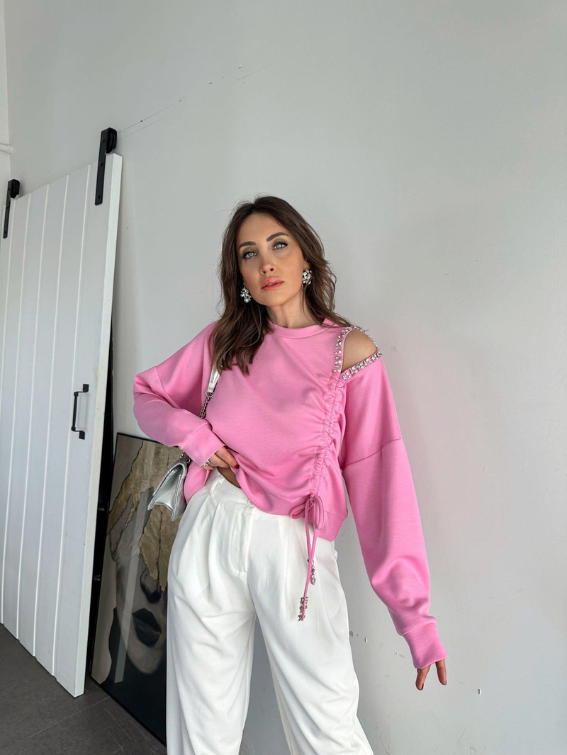 Pembe Omzu Taşlı Büzgülü Sweatshirt