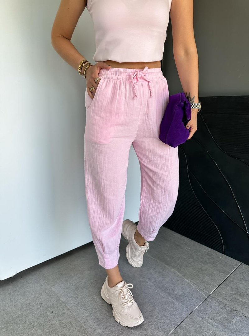 Pembe Paçası Pensli Müslin Pantolon