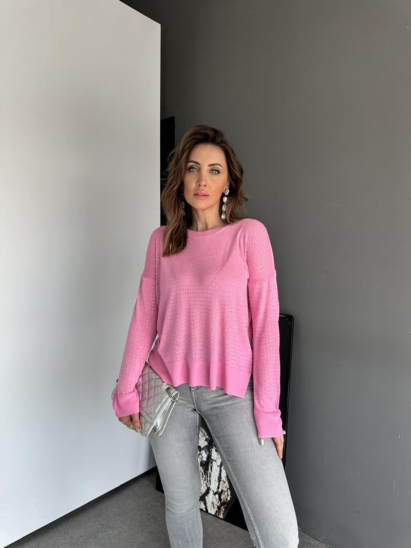 Pembe Serpme Taşlı İnci Triko 