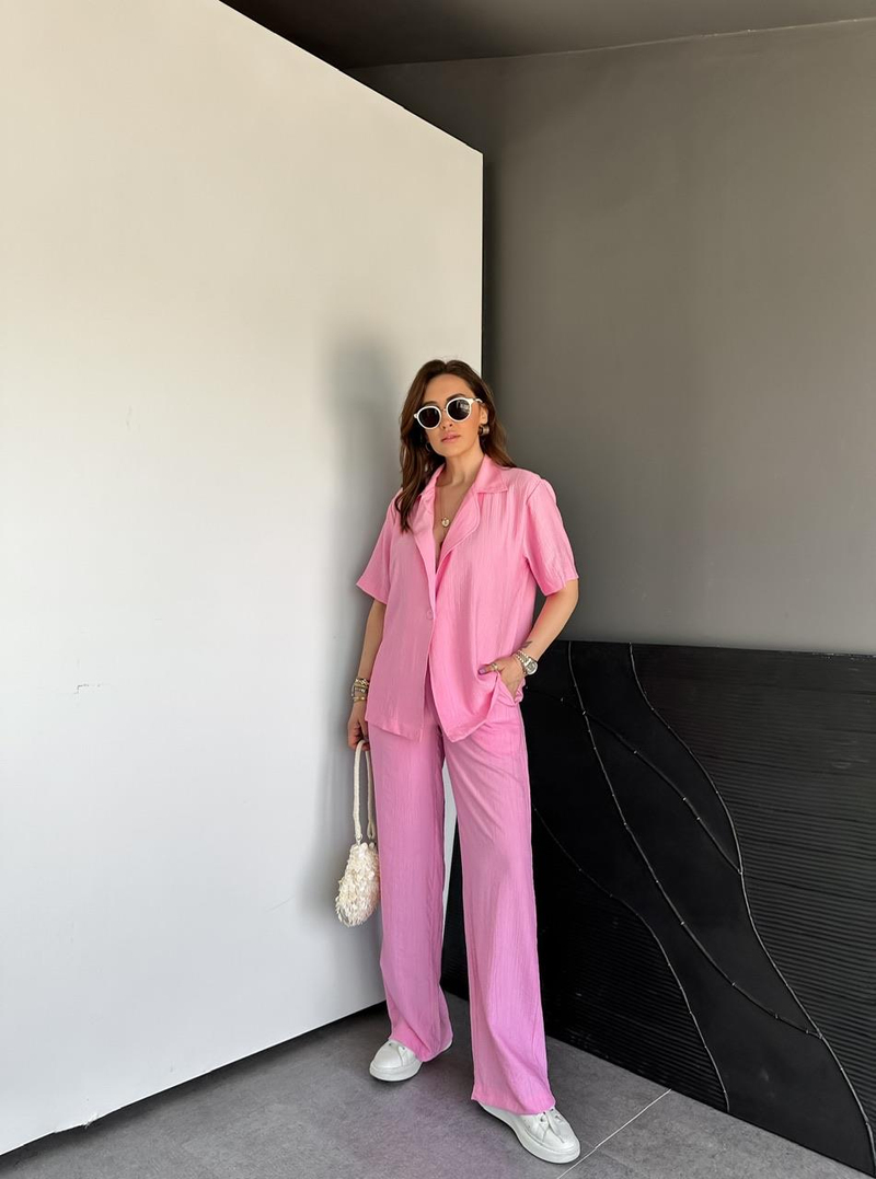 Pembe Tek Düğmeli Modal Ceketli Takım