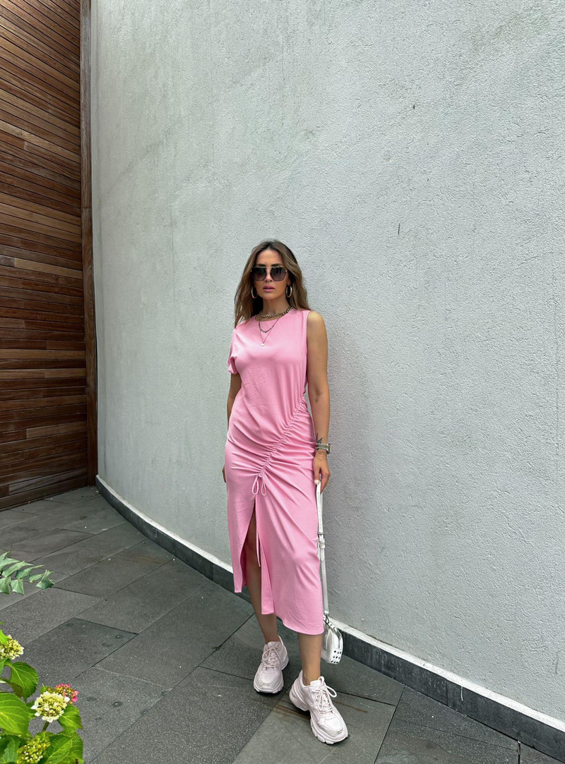 Pembe Tek Omuz Büzgülü Elbise