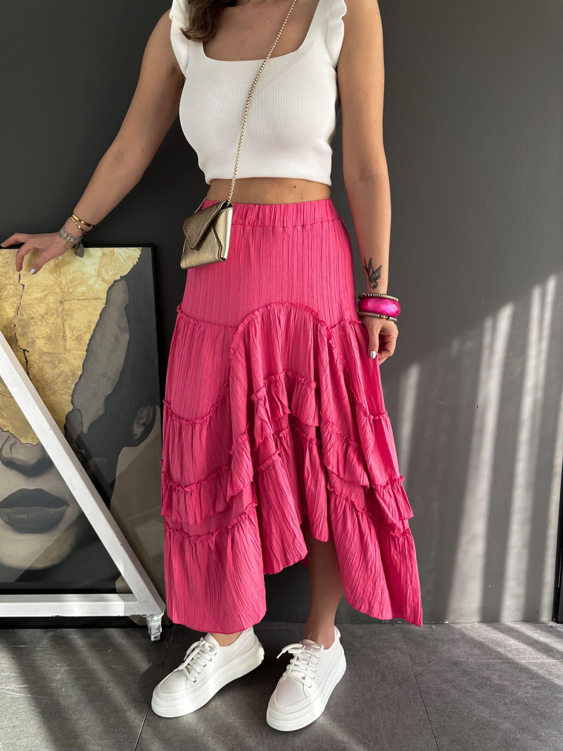 Pembe Volanlı Asimetrik Etek