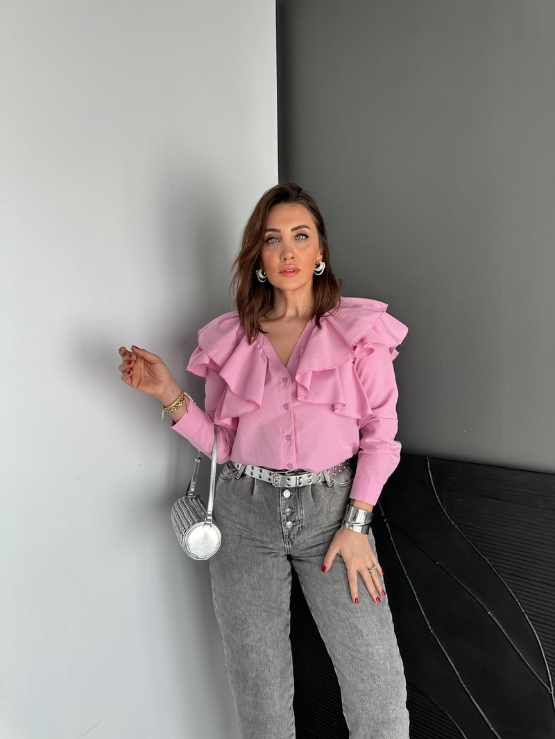 Pembe Volanlı Poplin Gömlek