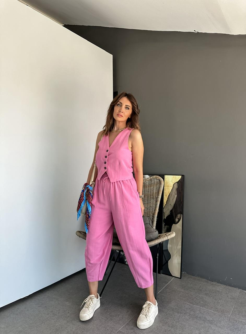 Pembe Yelekli Keten Takım