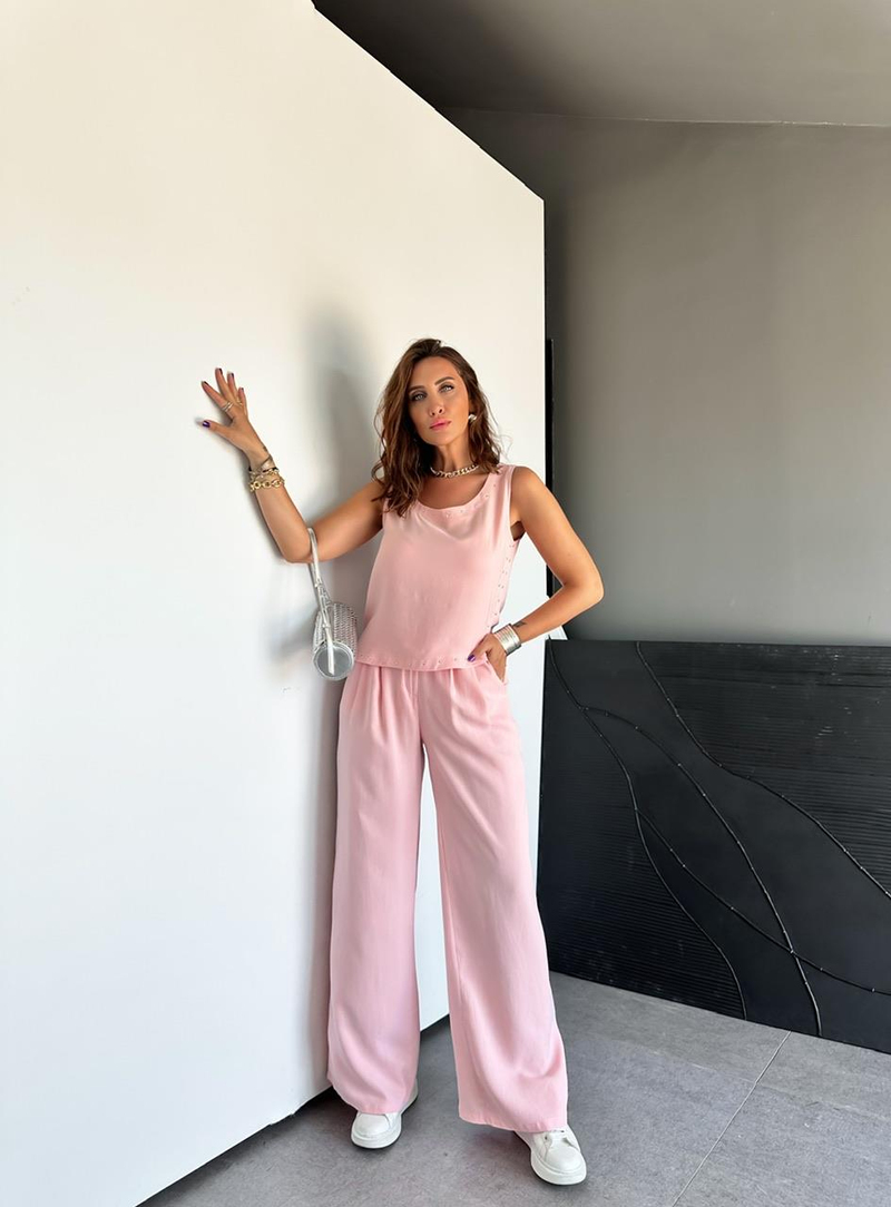 Pembe Zımbalı Bluz Pantolon Takım