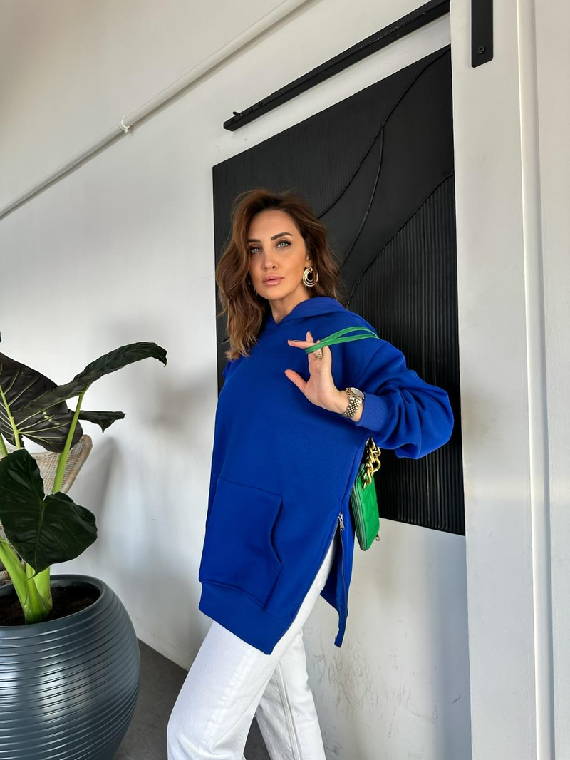 Saks Mavisi Kenarları Fermuarlı Sweatshirt