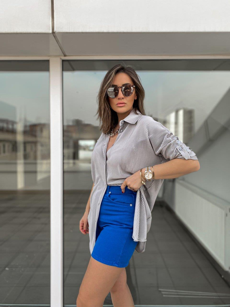 Saks Rengi Yüksek Bel Mom Şort