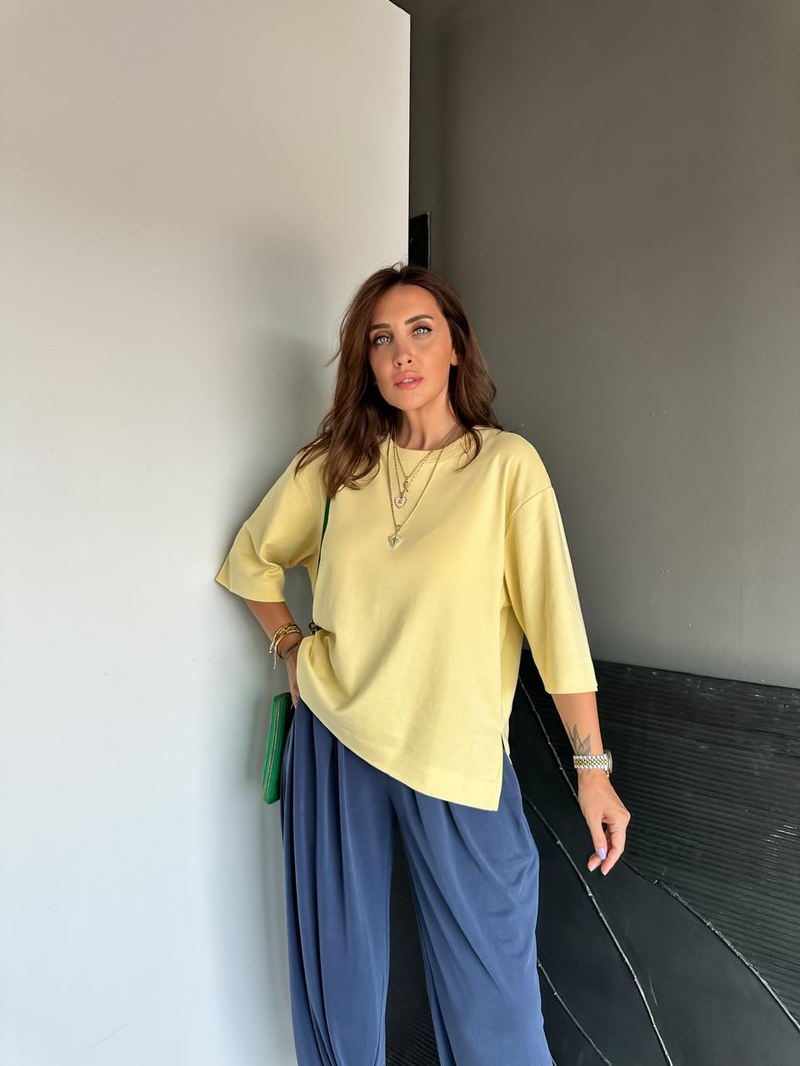 Sarı Yırtmaçlı Cotton Oversize Tshirt